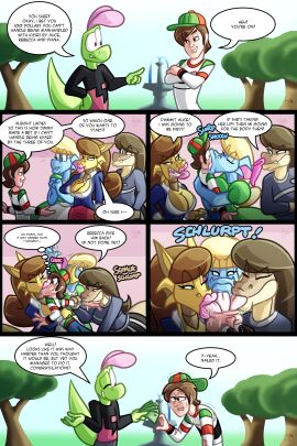 2boys 3girls alice_(jamearts) blonde_hair blue_body blue_eyes bowtie brown_hair cash comic daytime dialogue diana_(jamearts) dinosaur dinosaur_girl dollars dragon dragon_girl english_teacher female fighting_over_boy forced_kiss fountain foursome french_kiss french_kissing gangbang gecko green_body green_eyes group_kissing hat human jamearts jimmy_(jamearts) jimmy’s_sloppy_life kissing light_brown_body lizardman male money mouth_fetish p.e._teacher pink_bowtie pink_eyes pointy_ears princess rebecca_(jamearts) reverse_gangbang saliva saliva_drip saliva_string saliva_trail scalie siz size_play sky surrounded tree trees triple_oral two-tone_body yellow_body