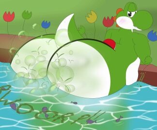 anthro ass big_ass big_butt blush bubbly_fart dead_fish dinosaur fart fart_bubbles mario_(series) nintendo nintendo_switch scalie snes tail yoshi yoshi's_island