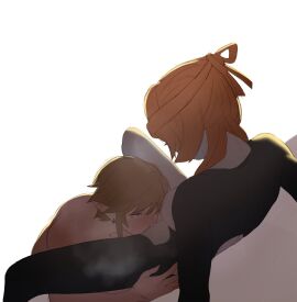 1boy 1girls alternate_hairstyle bare_arms bare_legs black_skin blonde_hair blue_eyes breasts colored_skin completely_nude cunnilingus earrings female grey_skin heavy_breathing highres jewelry light-skinned_male light_skin link link_(twilight_princess) looking_at_another looking_down looking_up male medium_breasts midna midna_(true_form) multicolored_skin nipples nude oral orange_hair passionate pointy_ears pomelomelon romantic short_hair simple_background spread_legs the_legend_of_zelda the_legend_of_zelda:_twilight_princess twili_midna twilight_princess two-tone_skin white_background