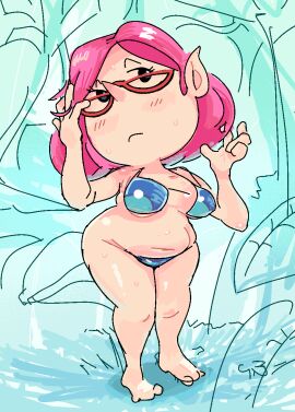 1girls 2d 2d_(artwork) adjusting_hair armor artist_request background belly bikini blue_bikini breasts brittany_(pikmin) curvy_figure feet female glasses nintendo pikmin pikmin_3 pink_hair pointy_ears self_upload shortstack solo sweatdrop sweaty