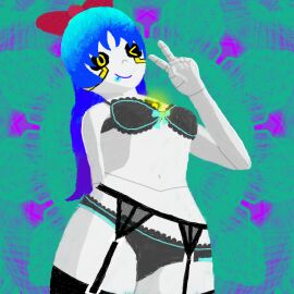 android blue_hair bra female hair_ribbon original original_character panties robot robot_girl underwear white_skin yellow_eyes