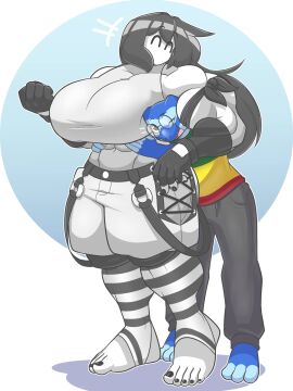 1boy 1girls abs amphibian amphibian_humanoid amphibian_man anthro barefoot big_breasts blue_body breast_outline breasts commission female female_focus frog frog_humanoid fursona happy_female hug hugging hugging_from_behind lulu_(theluluboyo) male marie_(tag-a-long) mime mime_girl mouthless mouthless_female muscles muscular muscular_arms muscular_female muscular_thighs original original_art original_artwork scalie tag-a-long white_body white_skin