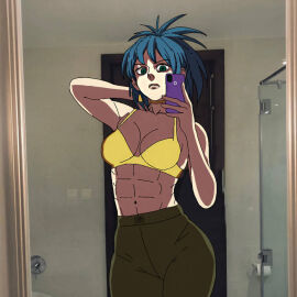 1girls abs ass bathroom big_ass big_breasts big_lips blue_eyes blue_hair breasts busty earrings female fit fit_female green_eyes king_of_fighters leona_heidern light-skinned_female light_skin long_hair looking_at_viewer mirror thegreatiron tied_hair toned toned_body toned_stomach wide_hips
