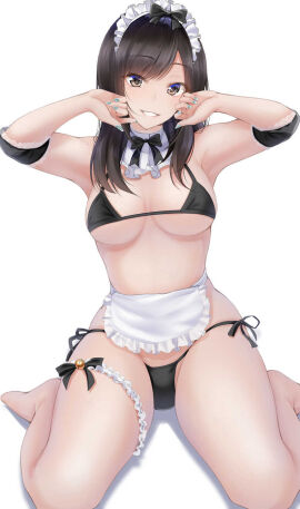 aqua_nails black_bikini bowtie breasts elbow_tufts eyebrows eyebrows_visible_through_hair female female_only golden_retriever looking_at_viewer maid_apron maid_headdress medium_breasts neckwear original original_character painted_nails sitting small_bikini smiling stocking white_background zeroamu