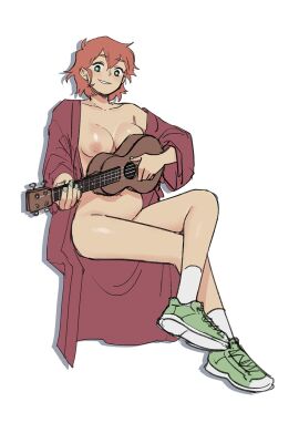 1girls breasts casual cloak female footwear guitar human looking_at_viewer naked_footwear no_bra no_panties nonsexual nonsexual_nudity nude nude_female outerwear pale_skin red_hair sframboob shoes shoes_only short_hair smile socks solo solo_female