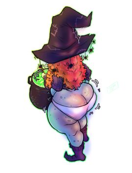 1girls artist_logo ass ass_cleavage ass_cleavage_tanline ass_crack ass_out back_view big_ass big_butt big_hat black_socks boiling bottom_heavy butt_crack cauldron digital_media_(artwork) facing_away female female_focus female_only freckles freckles_on_ass green_mist green_skin halloween_decoration hi_res high_angle_view highres kojoarts liver_spots long_socks messy_hair orange_hair overhead_view potion small_panties solo_female spider_web spiders spots_on_ass stirring tanline twitch_lines underwear_halfway_down warts white_background white_panties wide_hips wild_hair witch witch_hat
