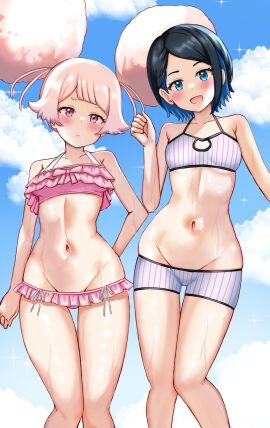 2girls :d absurdres afro_puffs bikini bikini_shorts black_hair blue_bikini blue_eyes blue_hair chuatury_panlunch cloud colored_inner_hair female frilled_bikini frills gundam gundam_suisei_no_majo highres lowleg lowleg_bikini multicolored_hair multiple_females multiple_girls navel nika_nanaura nootomo open_mouth pink_bikini pink_eyes pink_hair shorts sky smile standing stomach striped_bikini striped_clothes swimsuit thighs vertical-striped_bikini vertical-striped_clothes wet