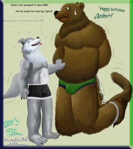 2004 anthro bear belly big_bad_bear bigbadbear bottomwear bound brown_body brown_fur bulge canid canine chained chains claws clothing colored dated december_(month) dialogue duo english_text fur green_bottomwear green_clothing green_eyes hand_on_belly happy_birthday hi_res imminent_vore kneeling male male/male mammal nervous signature size_difference slave smaller_pred speech_bubble teeth text tongue tongue_out