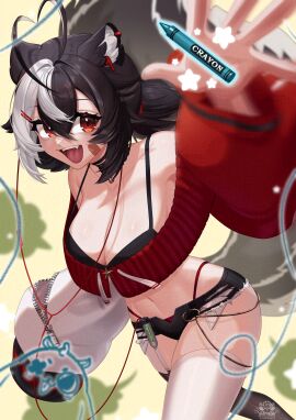 2020 :d animal_ears antenna_hair bare_shoulders black_hair black_shorts blurry blurry_background breasts cleavage crop_top cutoffs depth_of_field fangs female hair_ornament highleg highleg_panties large_breasts long_hair looking_at_viewer micro_shorts midriff momotexx_(vtuber) multicolored_hair navel oerba_yun_fang open_fly open_mouth outdoors panties red_eyes short_hair short_shorts shorts smile solo standing tail thighhighs thighs virtual_youtuber vyugen white_legwear