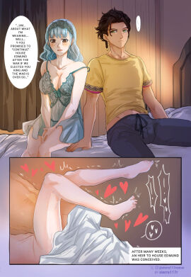 1boy 1girls asking_for_sex before_and_after blush claude_von_riegan dialogue female fire_emblem fire_emblem:_three_houses impregnation instant_loss_2koma legs_up lingerie male marianne_von_edmund mating_press missionary_position nintendo nude sierra117renner strap_slip text