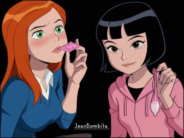 2girls ai_generated ben_10 ben_10_alien_force ben_10_ultimate_alien black_hair breasts brown_eyes cartoon_network condom dark_hair eyeless_male female green_eyes gwen_tennyson gwen_tennyson_(ultimate_alien) hoodie jeanbombila666 julie_yamamoto male multiple_girls red_hair skirt thick_thighs thighs white_skirt