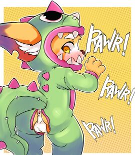 2024 4_fingers animal_hood anthro anus ass backsack balls ballsack blush border brown_nose closed_frown clothed clothing countershading cutout dotted_background embarrassed english_text exhausted_raccoon fangs fingers fur genitals gnar_(lol) green_hood green_onesie hi_res hood inner_ear_fluff league_of_legends looking_back looking_down male multicolored_body multicolored_fur notched_ear onesie onomatopoeia opening orange_body orange_fur pattern_background perineum raised_arm raised_hand rawr riot_games simple_background solo sound_effects standing teeth text tuft two-tone_body two-tone_fur white_body white_border white_countershading white_fur yellow_background yellow_eyes yordle