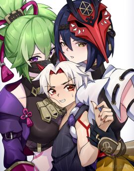 1boy 2girls arataki_itto between_breasts bigger_female breast_press breasts breasts_pressed_against_partner female genshin_impact green_hair height_difference jrpuls3 kujou_sara kuki_shinobu male male/female male/female/female mask oni oni_horns purple_hair red_horns sandwiched smaller_male squish squished_breasts taller_female white_hair
