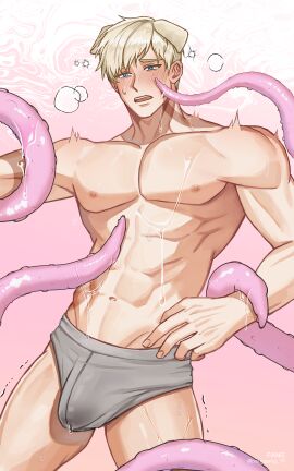 1boy abs animal_ears bara biceps blonde_hair blue_eyes blush breath briefs bulge commentary_request cowboy_shot dog_boy dog_ears ear_blush erection erection_under_clothes fingernails frown grey_male_underwear highres lottopmang male male_focus male_underwear muscular muscular_male navel nipples no_pants nose_blush open_mouth original pectoral_cleavage pectorals pink_background pink_tentacles precum short_hair solo sweatdrop teeth tentacle tentacle_on_male tentacles_on_male topless_male trembling twitching underwear upper_teeth watermark yaoi