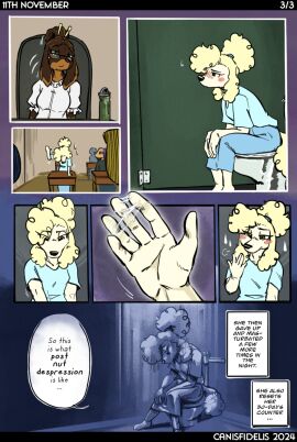 2024 abby_(canisfidelis) accessory anthro bathroom biped black_bars black_body black_nose blush bodily_fluids bottomwear breasts brown_body brown_countershading canid canine canis canisfidelis chair classroom closed_eyes clothed clothing countershade_face countershading dachshund dialogue domestic_dog embarrassed english_text eyebrows eyewear female floppy_ears fluffy fluffy_ears fluffy_hair fluffy_tail furniture genital_fluids glasses group hair hair_accessory hair_bun hair_sticks half-closed_eyes hi_res hunting_dog letterbox looking_at_another looking_down male mammal meme ms._haley_(canisfidelis) multicolored_body narrowed_eyes no_nut_november on_chair pen ponytail poodle public_restroom pussy restroom_stall school shirt sitting sitting_on_chair sitting_on_toilet skirt small_breasts solo speech_bubble tail text topwear two-tone_body vaginal_fluids white_body white_hair