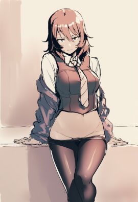 1girls andou_(girls_und_panzer) brunette brunette_hair female girls_und_panzer kobayashi3biker no_panties no_panties_under_pantyhose pantyhose pantyhose_pull pubic_hair pubic_hair_peek school_uniform schoolgirl tagme tanned tanned_body tanned_female tanned_skin tomboy