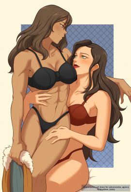 2girls abs alternate_hair_color asami_sato avatar_legends avatar_the_last_airbender bedroom_eyes black_bra black_hair black_panties blue_eyes blush border bra bra_and_panties breasts brown_hair canon_couple chocolate_and_vanilla cleavage coat commission confident dark-skinned_female dark_skin embrace eye_contact feeling_muscles female fire_nation fit fit_female green_eyes hair_between_eyes hair_down highres holding holding_clothes holding_clothing holding_coat hug hugging korra light-skinned_female light_skin long_hair looking_at_another looking_at_partner love multiple_females multiple_girls muscles muscular muscular_female nonbender panties red_bra red_lips red_panties romantic romantic_couple sitting sitting_on_lap six_pack the_avatar the_legend_of_korra thighs twitter_username underwear undressing water_tribe white_border wholesome yellow_nicky_(artist) yuri