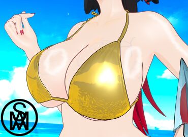 1girls 3d big_breasts bikini bikini_top breast_focus breasts female golden_bikini jane_doe_(zenless_zone_zero) middlemansfm rat_tail solo solo_female solo_focus vein veins veiny veiny_breasts zenless_zone_zero