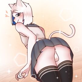 1boy ahju anthro balls black_eyes cat_ears cat_tail felid feline femboy girly male no_panties oc rear_view school_uniform skirt smile solo_focus white_fur