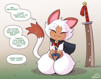 1girls anthro closed_eyes cobatsart cute dialogue english_text felid feline felyne female female_only fur furry hi_res jennifur_(cobatsart) kneeling monster_hunter palico puns smiling smiling_at_viewer solo speech_bubble sword thick_thighs white_fur wholesome