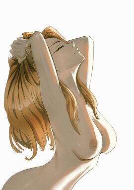 1girls aad2dd adult areolae armpits arms_above_head bare_arms bare_back bare_belly bare_breasts bare_chest bare_midriff bare_shoulders bare_skin belly breasts cleavage closed_eyes completely_naked completely_nude elbows facing_up female female_focus female_only grabbing_hair grabbing_own_hair hair_over_shoulder hair_over_shoulders hands_above_head high_resolution highres light-skinned_female light_skin lips long_hair medium_breasts midriff naked naked_female neck nipples nude nude_female orange-haired_female orange_hair original original_art original_artwork original_character original_characters rim_light shoulders sideboob simple_background slender_body slender_waist slim_female slim_waist solo standing thin_waist uncensored uncensored_breasts uncensored_nipples upper_body white_background