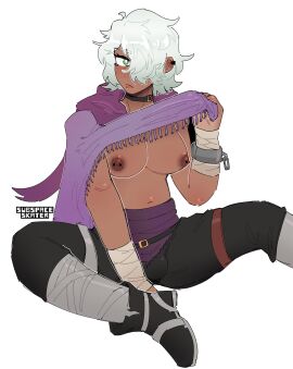 big_breasts breasts bulge female green_eyes octopath_traveler subspaceskater therion_(octopath_traveler) trans_woman white_hair