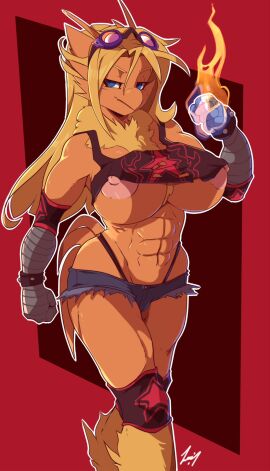 2018 abs alternate_color anthro areola athletic big_areola big_breasts blaziken blonde_hair blue_eyes bottomwear breasts clothed clothing crop_top cutoffs denim denim_bottomwear denim_clothing denim_shorts digital_media_(artwork) eyewear fan_character fate_valentine female generation_3_pokemon goggles hi_res highleg hotpants leokingdom looking_at_viewer muscular muscular_anthro muscular_female nintendo nipple_slip nipples panties pokemon pokemon_(species) portrait pose shirt shorts skimpy solo tank_top thong thong_straps three-quarter_portrait topwear torn_clothing under_boob underwear wide_hips