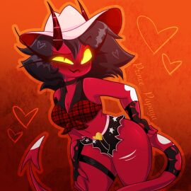 1girls bra cleavage clothed female helluva_boss imp millie_(helluva_boss) pants prince_papaya solo tagme thighs