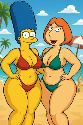 ai_generated beach belly belly_button big_breasts bikini blue_hair breasts chubby family_guy lois_griffin marge_simpson milf milfs red_hair the_simpsons thick