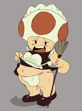 ass balls black_shoes blush chubby chubby_male cloudanon exhausted fat_ass feather_duster flustered lifting_shirt lifting_skirt looking_at_viewer maid maid_outfit maid_uniform male mario_(series) mario_and_luigi_(series) penis short_stack shortstack solo_male sweaty sweaty_balls sweaty_body thighs thong toad_(mario) wet_penis white_thong