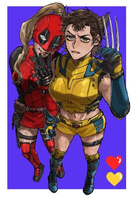 2girls :p adapted_costume arm_hug belt black_gloves blonde_hair boots breasts brown_hair claw_(weapon) clenched_hand deadpool_&_wolverine_(2024) female full_body genderswap genderswap_(mtf) gloves green_eyes heart immjb5x8u9akn7a lady_deadpool ladypool looking_at_viewer marvel marvel_cinematic_universe marvel_comics mask mask_lift medium_breasts midriff multiple_females multiple_girls navel one_eye_closed open_mouth ponytail purple_background red_mask rule_63 scar scars_all_over short_hair shorts sleeveless standing tongue tongue_out utility_belt v wanda_wilson weapon wolverine_(x-men) x-men yellow_shorts yuri