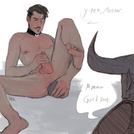 2boys anal anal_sex anthro artist_signature ass balls ballsack bara blush canon_couple collar couple dark-skinned_male dark_hair dark_skin dialogue dialogue_bubble dildo dildo_in_ass dominant_male dorian_pavus dragon_age dragon_age_inquisition duo erect_penis erection faceless_male facial_hair feet gay_male grabbing_penis grey_body grey_skin horn horns human iron_bull jerking jerking_off looking_at_another looking_at_partner mage male male_only male_penetrated masturbation moustache nipples penis penis_grab pointy_ears qunari scar speech speech_bubble submissive submissive_male sweat sweatdrop sweating tagme_(artist) text text_bubble unknown_artist video_games watching watching_masturbation yaoi