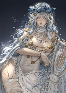 1girls blue_hair breasts cracked cracked_skin cracks cracks_in_body doll doll_girl doll_joints elden_ring elden_ring_nightreign female female_only fromsoftware harp light-skinned_female light_skin pale-skinned_female pale_skin revealing_clothes revenant_(nightreign) small_breasts thighs whailsart