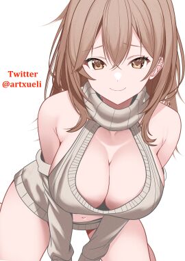 1girls absurdres alternate_costume armpit_crease bare_shoulders bent_over between_legs breasts brown_eyes brown_hair center_opening cleavage cleavage_cutout closed_mouth clothing_cutout detached_sleeves downblouse dress embarrassed female furrowed_brow grey_sweater hair_between_eyes hand_between_legs highres large_breasts long_hair long_sleeves looking_at_viewer maria_mikhailovna_kujou navel short_dress simple_background sleeveless sleeveless_turtleneck smile solo stomach sweater sweater_dress thighs tokidoki_bosotto_russian_de_dereru_tonari_no_alya-san turtleneck virgin_killer_sweater white_background xueli_shimazaki