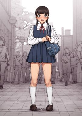 1boy balls balls_under_clothes ballsack caged_cock chastity chastity_cage chastity_device clothing female femboy genitalwear group human human_only male pale_skin penis precum_drip public public_exposure school_uniform schoolgirl solo_focus tears tears_of_desperation tears_of_pain tears_of_pleasure trap trembling uniform wataya_2