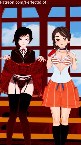 beacon_academy_uniform black_hair bra brown_eyes brown_hair crossover eastern_and_western_character female garter_belt juliana_(pokemon) koikatsu naranja_academy_school_uniform open_shirt panties perfect_idiot pokemon pokemon_sv ruby_rose rwby school_uniform silver_eyes skirt_lift smiling smiling_at_viewer socks take_your_pick thighhighs window