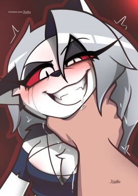 1boy 1girls asphyxiation bare_arms bare_shoulders big_breasts blush breasts color female gripping hand_on_neck hellhound helluva_boss hi_res jizoku large_breasts long_hair looking_at_viewer looking_pleasured loona_(helluva_boss) male male/female partial_male pleasure_face saliva smiling squeezing white_hair wolf wolf_ears wolf_girl