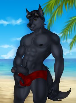2024 5_fingers abs anthro balls balls_grab beach big_balls black_body black_fur black_hair black_nose bottomwear bottomwear_down canid canine canis cheek_tuft chest_tuft claws clothed clothing cloud colored digital_drawing_(artwork) digital_media_(artwork) ear_piercing ear_ring exhibitionism eyewear facial_tuft fingers foreskin fur genitals glans hair hi_res humanoid_genitalia humanoid_penis inner_ear_fluff looking_at_viewer male mammal muscular muscular_anthro muscular_male natttttalina navel nipples nude palm_tree pants pants_down partially_clothed pecs penis piercing plant pubes public public_nudity ring_piercing sand sea seaside simple_background skoll_wernersson smile smiling_at_viewer solo standing sunglasses swimming_trunks swimwear tree tuft uncircumcised water wolf yellow_eyes