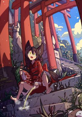 1girls barefoot female fox_ears fox_girl original papergami parody peeing pussy shrine spread_pussy urination urine