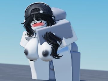 1boy 1girls 3d ahe_gao areolae backwards_baseball_cap balls baseplate black_hair breasts doggy_style female glasses grey_skin long_hair male nipples nude pleasure_face request roblox roblox_avatar robloxian sex standing_sex tagme thatnexuu white_skin