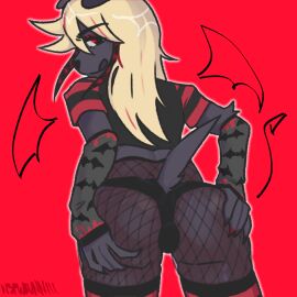 1:1 alternative_fashion anthro arm_warmers armwear ass black_body black_fur blonde_hair bottomwear bulge bulge_from_behind canid canine canis clothed clothing colored_nails crop_top domestic_dog eyeshadow femboy fishnet_clothing fishnet_legwear floppy_ears fur hair hair_dye hand_on_ass hand_on_butt hi_res holding_butt hotpants legwear looking_at_viewer makeup male mammal nails nsfwbunniii pattern_clothing presenting presenting_hindquarters rear_view red_background shirt shorts simple_background smile solo striped_clothing stripes tail thigh_highs tights tongue tongue_out topwear