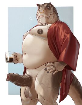 anthro areola balls banana_da_boi bathrobe biped black_penis clothing coffe dinosaur erection facial_piercing foreskin genitals hi_res humanoid_genitalia humanoid_penis male male_only navel nipples nose_piercing nose_ring overweight overweight_male penis piercing prehistoric_species reptile ring_piercing robe scalie solo solo_male standing tail teeth uncircumcised