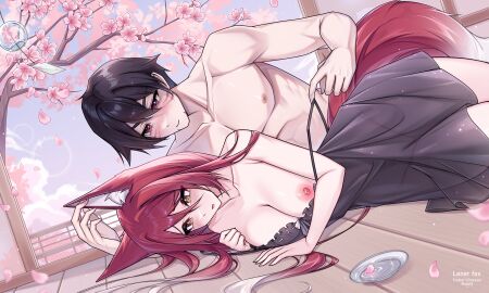 1boy 1girls anime artwork blush breasts commission digital_art digital_painting digitalart drawing fantasy female fluffy_tail forest_sex fox fox_ears kitsune lonerfox_(artist) long_hair male neko nipples oc open_mouth original_character red_hair romance sake sakura samurai sex shy translucent_dress