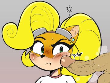 absurd_res activision angry annoyed anthro aroused bandicoot blonde_hair blush bodily_fluids coco_bandicoot crash_(series) crash_team_racing_(series) duo ear_piercing eyewear female genital_fluids genitals goggles hair hi_res human imminent_sex male male/female mammal marsupial musk musk_clouds musky_penis penis piercing poking poking_cheek poking_penis precum zombiedolly