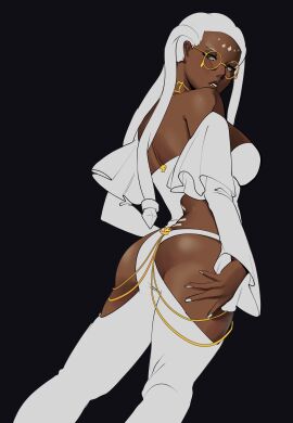 1girls ass big_ass big_breasts big_butt bodypaint braid braided_hair breasts dark_skin dolores_(kof) dress female from_behind glasses gold_jewelry hand_on_ass hand_on_butt jewel king_of_fighters long_hair looking_back necklace round_glasses thick_ass white_hair