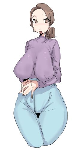 1girls blue_leggings blue_legwear blue_tighs blush blushing breasts brown_hair brunette brunette_hair camel_toe cameltoe earrings erect_nipples female forehead hands_together large_breasts leebongchun long_sleeves low_ponytail mature mature_female milf nipple_bulge nipples nipples_visible_through_clothing original original_character pearl_earrings ponytail purple_topwear pussy solo tight_clothes tight_clothing tights turtleneck