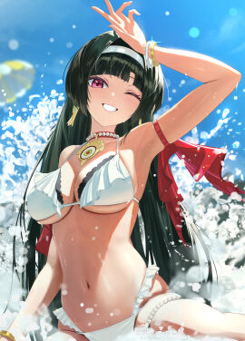 1girls alternate_costume armpits astra_yao bikini black_hair blue_sky bracelet breasts commentary female frilled_bikini frills hairband highres jewelry large_breasts long_hair navel necklace one_eye_closed open_mouth outdoors pearl_necklace red_eyes sky smile solo splashing stomach swimsuit teeth torjun_111 white_bikini white_hairband zenless_zone_zero