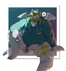 1boy balls bara beard bottomless cigarette colored_skin demon_horns demon_wings erection facial_hair fat fat_male foot_out_of_frame full_beard glowing glowing_eyes green_hair grey_skin heart highres holding holding_cigarette hood hoodie horns huge_eyebrows knee_up large_pectorals looking_to_the_side male male_focus male_pubic_hair monster_boy monster_prom naked_hoodie pectorals penis pubic_hair red_eyes sitting solo spoken_heart spread_legs stu_(monster_prom) thick_balls_hair thick_beard thick_thighs thighs toragoru uncensored wings yaoi