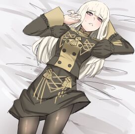 1girls bed_sheet breasts female female_only fire_emblem fire_emblem:_three_houses garreg_mach_monastery_uniform jourd4n long_hair lysithea_von_ordelia medium_breasts nintendo noblewoman on_back pantyhose pink_eyes skirt solo teenage_female teenager white_hair