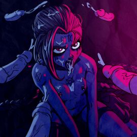 1girls bukkake cum cum_on_face facial female jinx_(league_of_legends) league_of_legends male mmmmf_fivesome monochrome multiple_boys multiple_males nipple_piercing nipples penis pierced_nipples piercing punk surrounded_by_penises